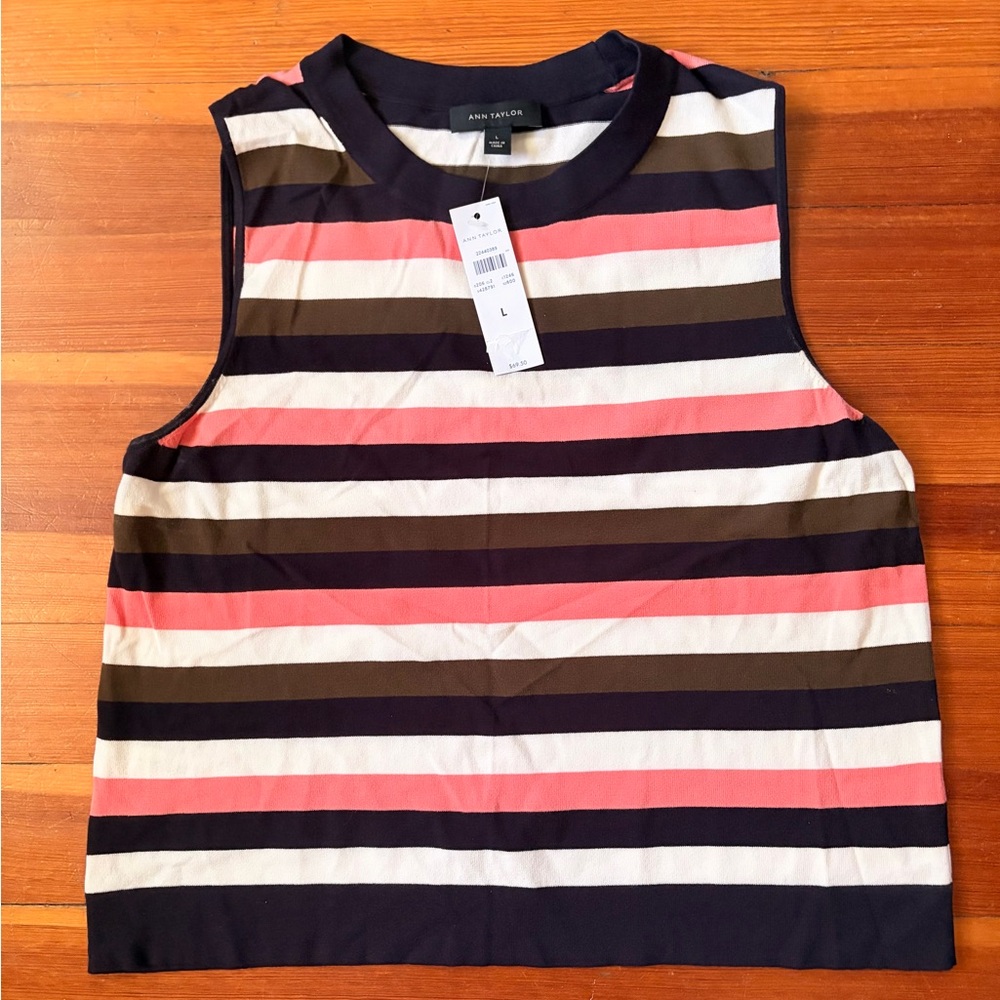 Ann Taylor Striped Sleeveless Tank in Navy, Coral, White & Taupe